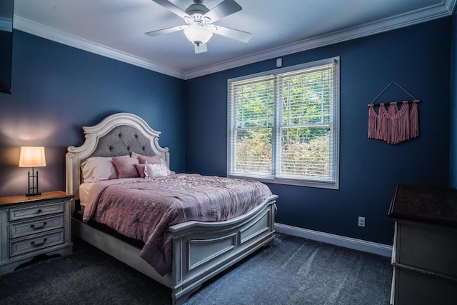 bedroom with crown molding, ceiling fan, and dark carpet