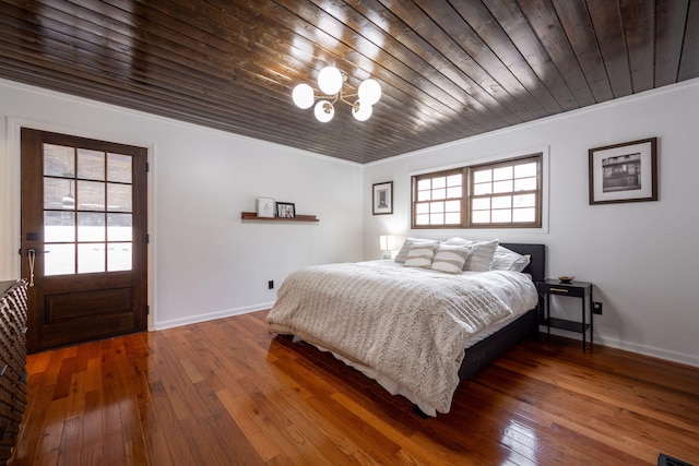 bedroom with multiple windows, wooden ceiling, and dark hardwood / wood-style flooring