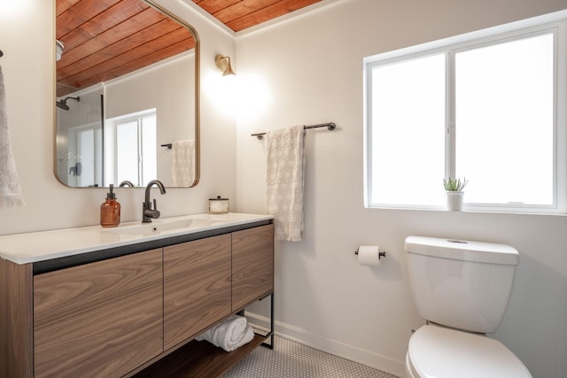 bathroom with vanity, toilet, and wooden ceiling