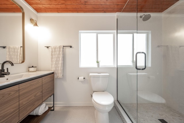 bathroom featuring tile patterned flooring, vanity, a shower with shower door, wooden ceiling, and toilet