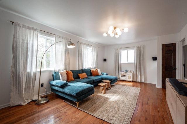 living room with hardwood / wood-style floors and a chandelier