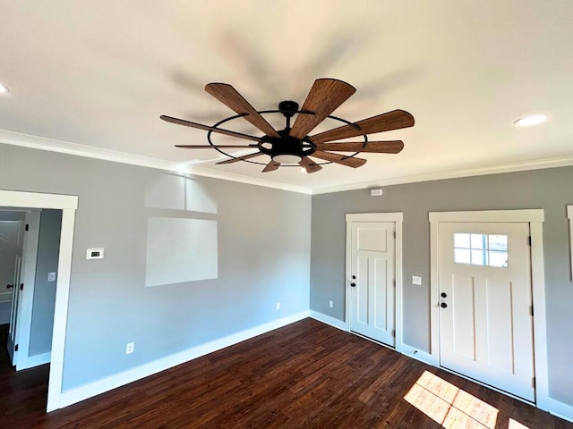 41 Greens Lake Rd, Rossville, GA 30741 - entryway with ornamental molding, dark wood-type flooring, a ceiling fan, and recessed lighting