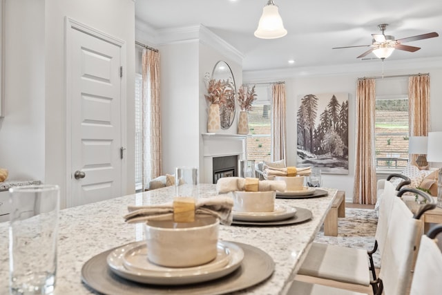 interior space featuring a wealth of natural light, ornamental molding, and ceiling fan