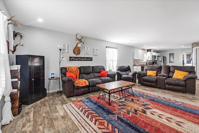 living room with light hardwood / wood-style flooring