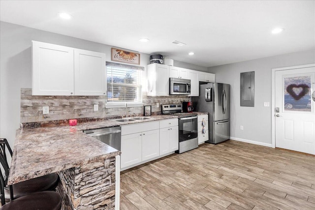 kitchen featuring light hardwood / wood-style flooring, stainless steel appliances, electric panel, white cabinets, and decorative backsplash