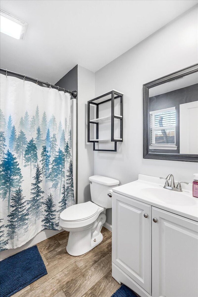 bathroom with vanity, toilet, and hardwood / wood-style floors