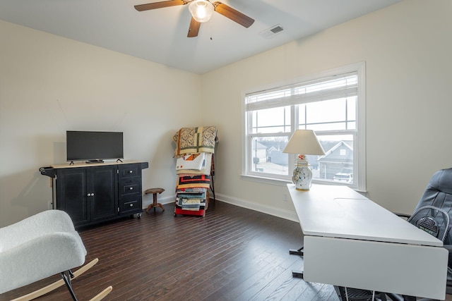 office space featuring ceiling fan, dark wood finished floors, visible vents, and baseboards