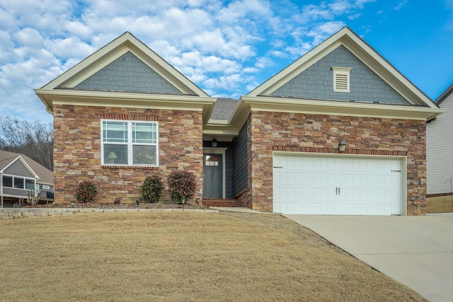 craftsman-style house featuring stone siding, driveway, and an attached garage