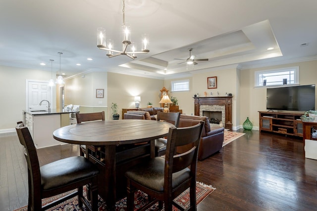 dining area with a tray ceiling, dark wood finished floors, and plenty of natural light