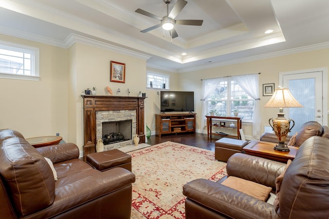 living area with ceiling fan, a stone fireplace, dark wood-style floors, a raised ceiling, and crown molding