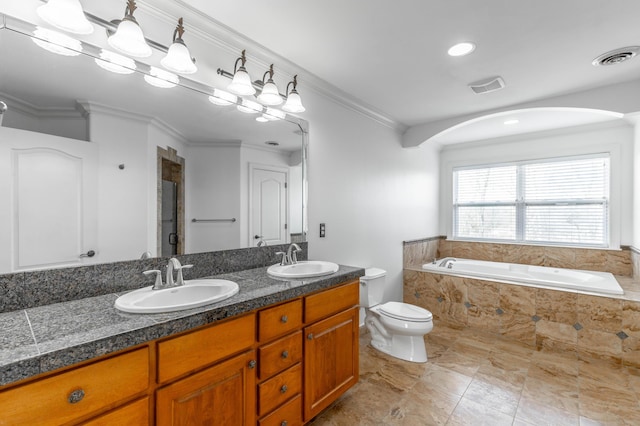 full bathroom featuring crown molding, vanity, toilet, and plus walk in shower