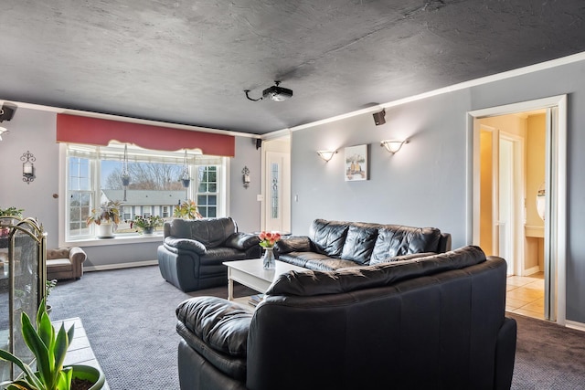 carpeted home theater room featuring ornamental molding and a textured ceiling