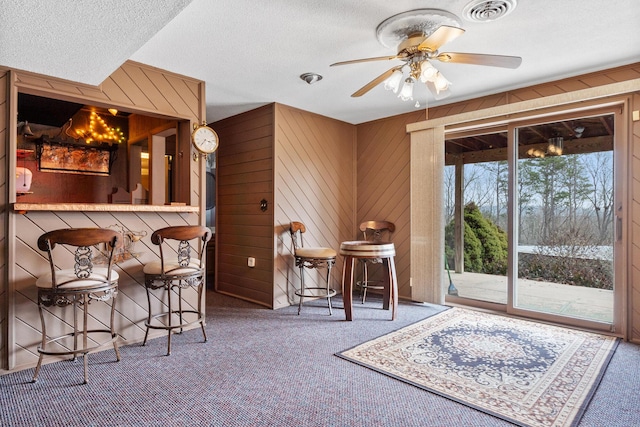 interior space with ceiling fan, carpet, and a textured ceiling