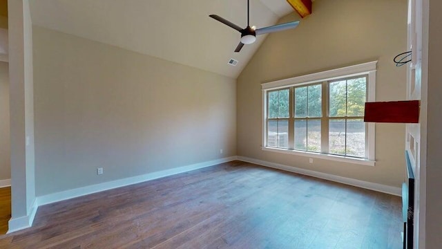 spare room featuring hardwood / wood-style flooring, high vaulted ceiling, ceiling fan, and beamed ceiling
