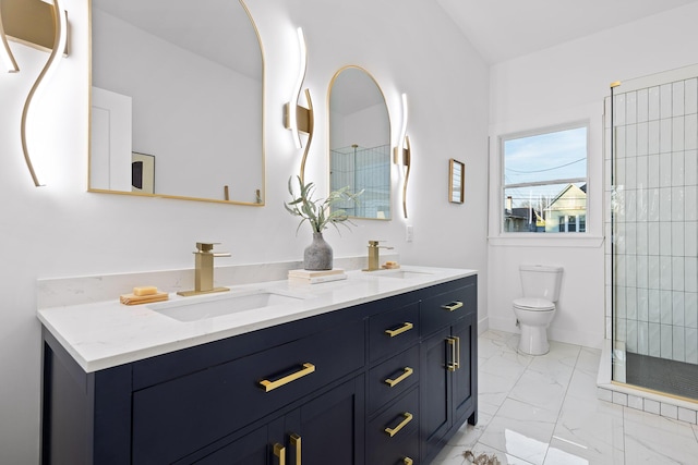 bathroom with vanity, toilet, and a tile shower