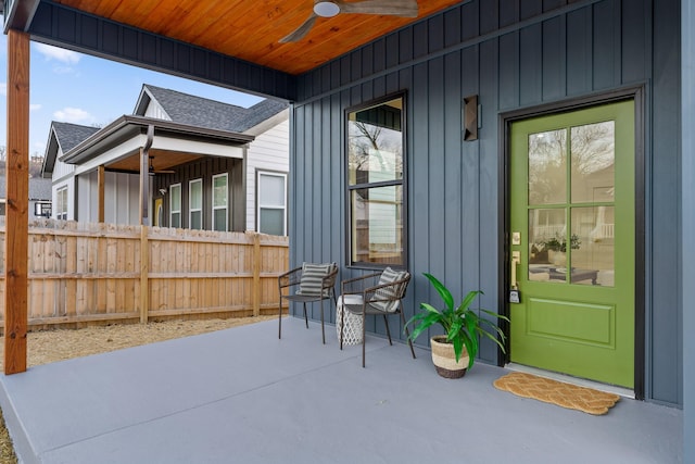 view of patio / terrace featuring covered porch and ceiling fan