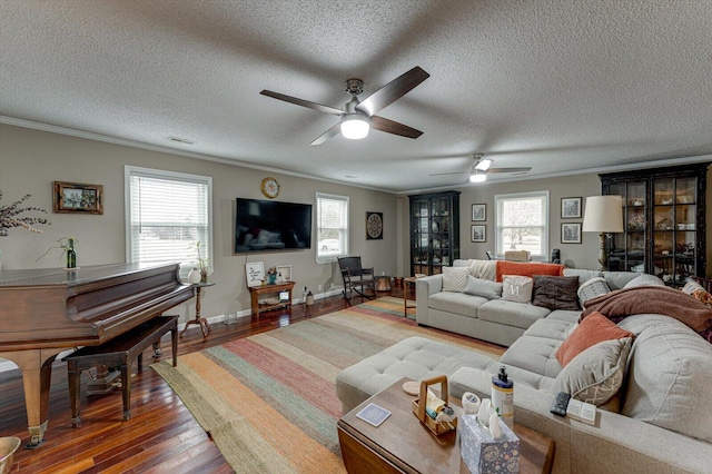 living room featuring crown molding, dark wood-type flooring, and a textured ceiling