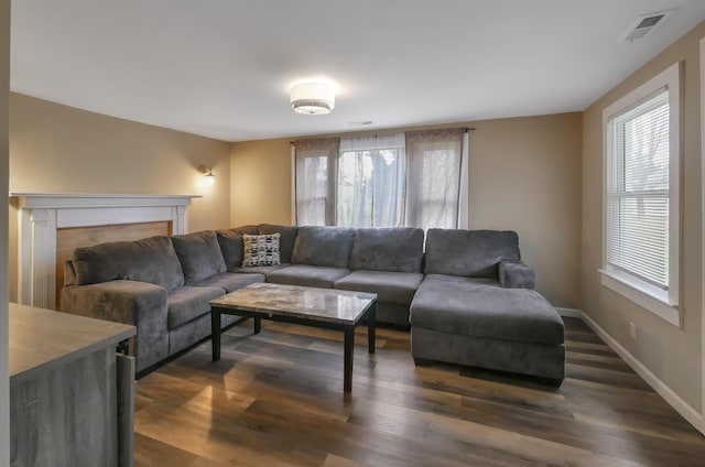 living room with dark hardwood / wood-style floors and a wealth of natural light