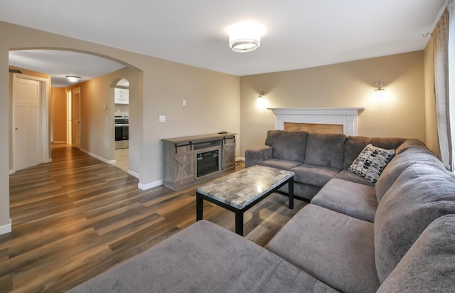 living room with dark wood-type flooring