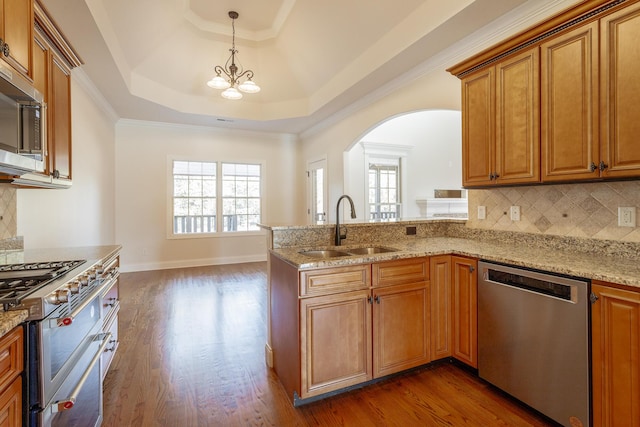 kitchen featuring dark hardwood / wood-style flooring, sink, a raised ceiling, and appliances with stainless steel finishes