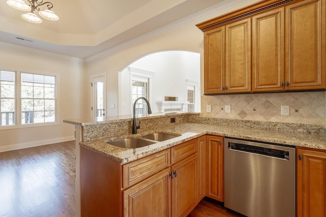 kitchen featuring sink, dishwasher, a tray ceiling, light stone countertops, and dark hardwood / wood-style flooring