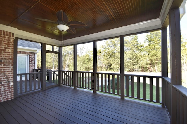 unfurnished sunroom featuring ceiling fan and wood ceiling