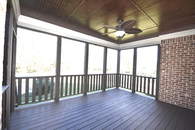 unfurnished sunroom featuring wooden ceiling and ceiling fan