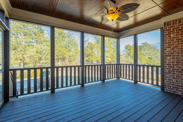 unfurnished sunroom featuring ceiling fan and wood ceiling