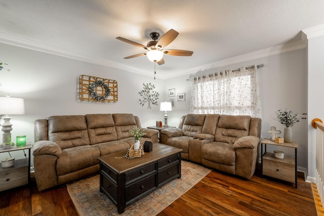 living room featuring ceiling fan, crown molding, a textured ceiling, and dark hardwood / wood-style flooring