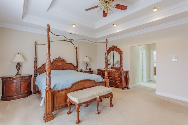 bedroom with light carpet, crown molding, a raised ceiling, and ceiling fan