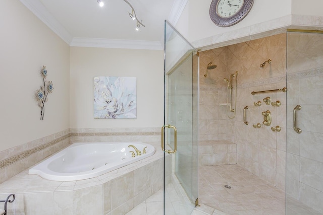 bathroom with crown molding and separate shower and tub