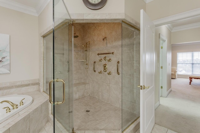 bathroom featuring crown molding, independent shower and bath, and tile patterned flooring