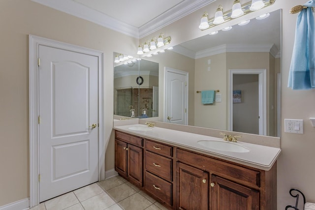 bathroom with walk in shower, tile patterned floors, ornamental molding, and vanity