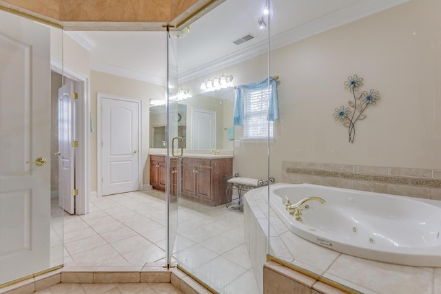 bathroom featuring tile patterned flooring, vanity, a relaxing tiled tub, and crown molding