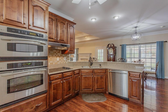 kitchen featuring appliances with stainless steel finishes, sink, backsplash, ornamental molding, and kitchen peninsula