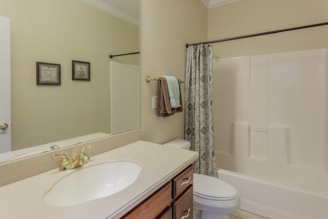 full bathroom with ornamental molding, vanity, shower / tub combo with curtain, and toilet