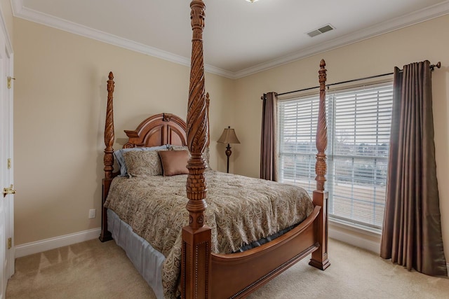 carpeted bedroom with crown molding