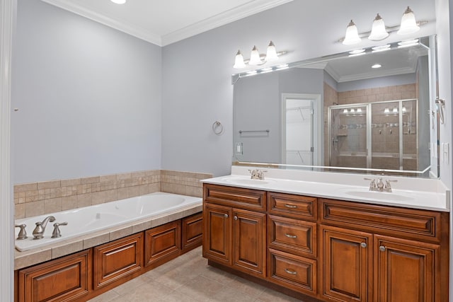 bathroom with vanity, crown molding, tile patterned floors, and independent shower and bath