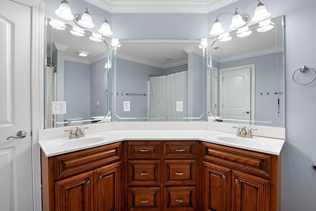 bathroom with vanity, crown molding, and a shower with curtain