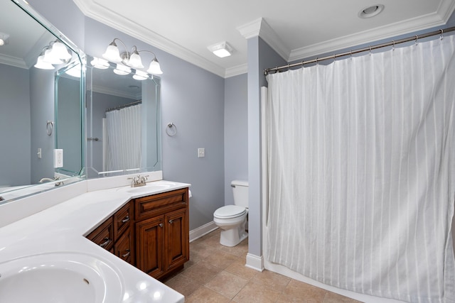 bathroom with crown molding, tile patterned floors, vanity, and toilet