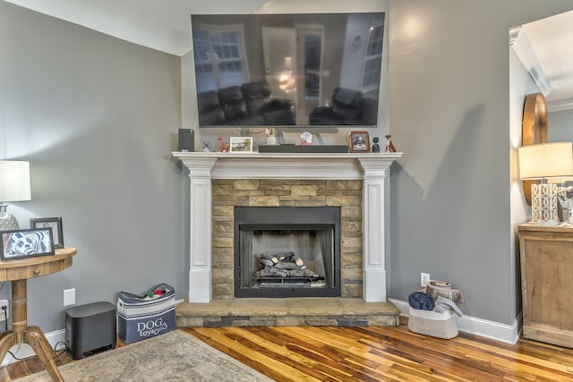 living room with a stone fireplace and light hardwood / wood-style floors