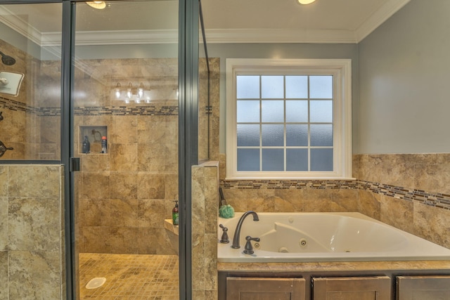 bathroom featuring crown molding and shower with separate bathtub