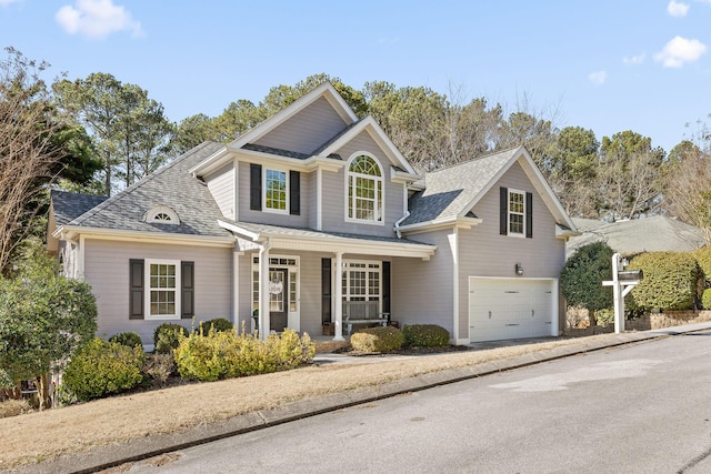 view of property featuring a garage and covered porch