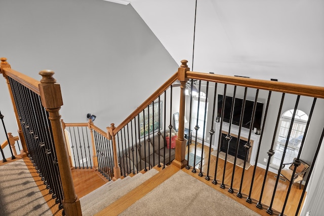 stairway featuring a high ceiling and hardwood / wood-style floors