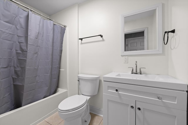 full bathroom with shower / bathtub combination with curtain, vanity, toilet, and tile patterned flooring