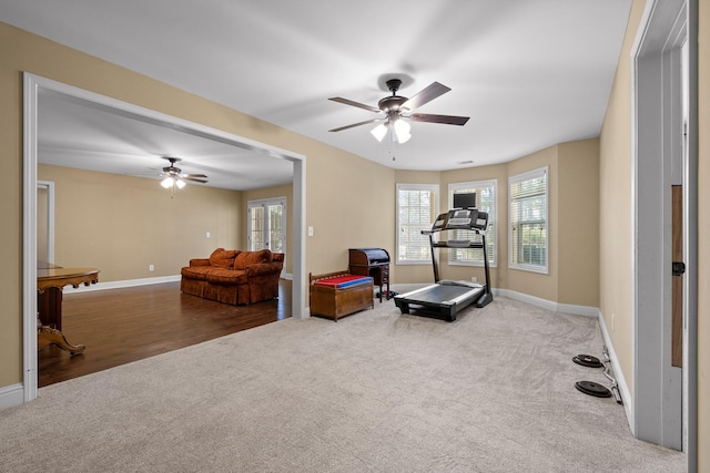 workout room featuring ceiling fan and carpet