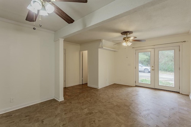 empty room with ceiling fan, ornamental molding, a textured ceiling, french doors, and light parquet flooring