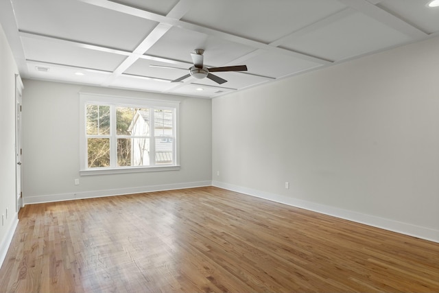 unfurnished room featuring ceiling fan, coffered ceiling, and light hardwood / wood-style floors