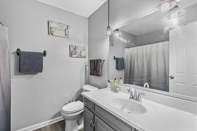 bathroom featuring vanity, toilet, and wood-type flooring