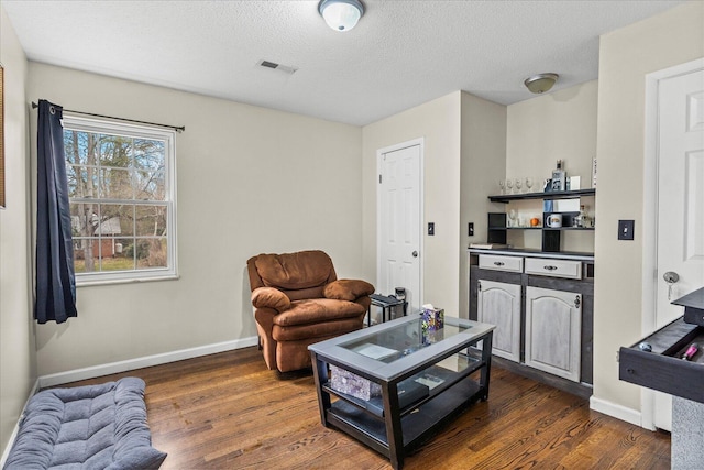 living room featuring dark wood-type flooring and a textured ceiling